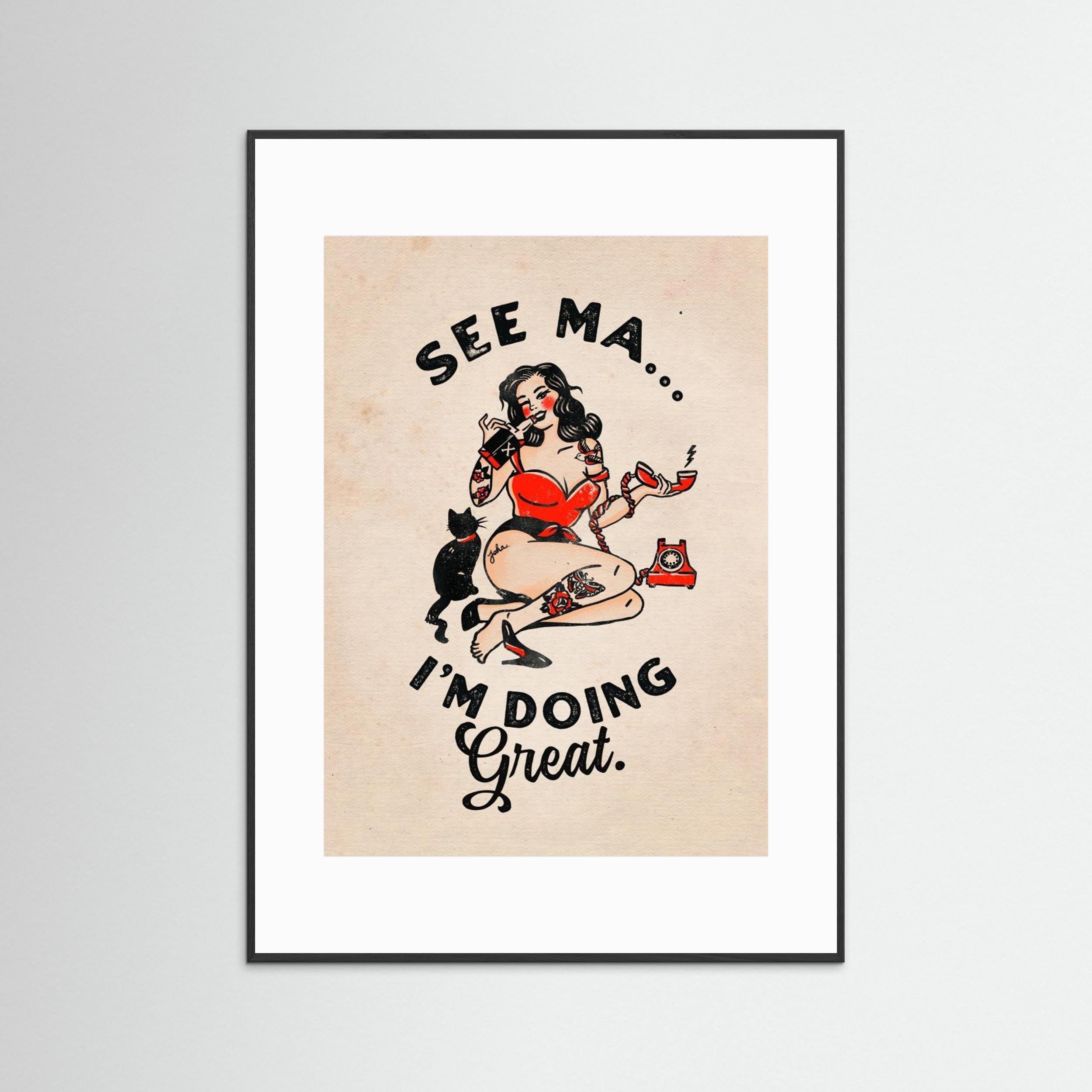 See Ma Poster Funny Vintage Pinup Girl & Cat by The Whiskey Ginger